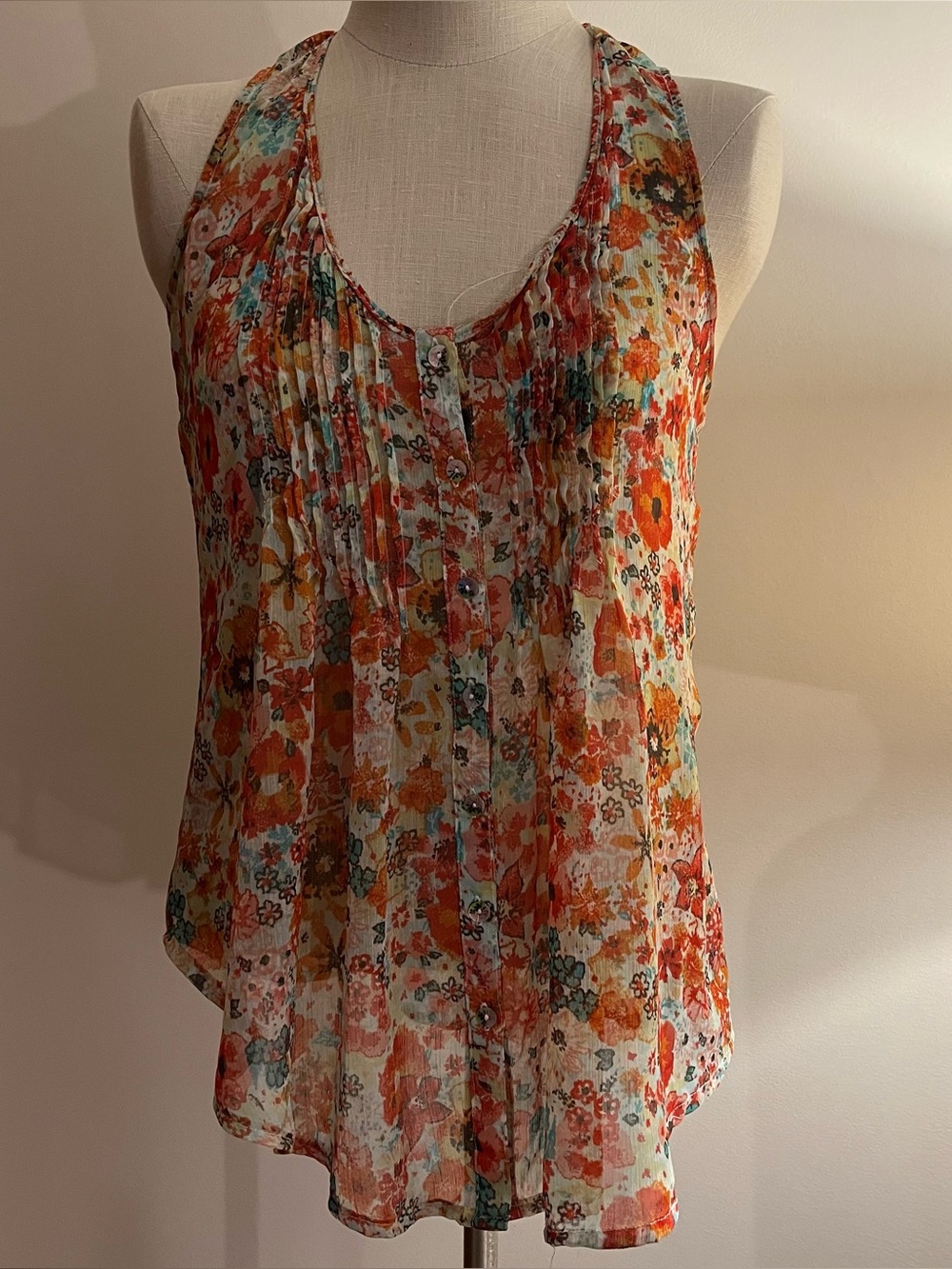 American Rag Floral Sleeveless Pintuck Blouse in Multicolor